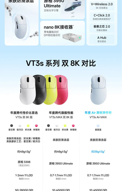 Rapoo VT3s Air MAX Wireless Gaming Mouse 39g Ultra Lightweight Dual Mode 8K Pixart 3950 Ultimate For Small Medium Hands Esports
