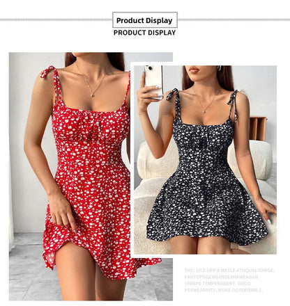 French Style Floral Summer Mini Dress: Sleeveless Camisole with Tie Straps