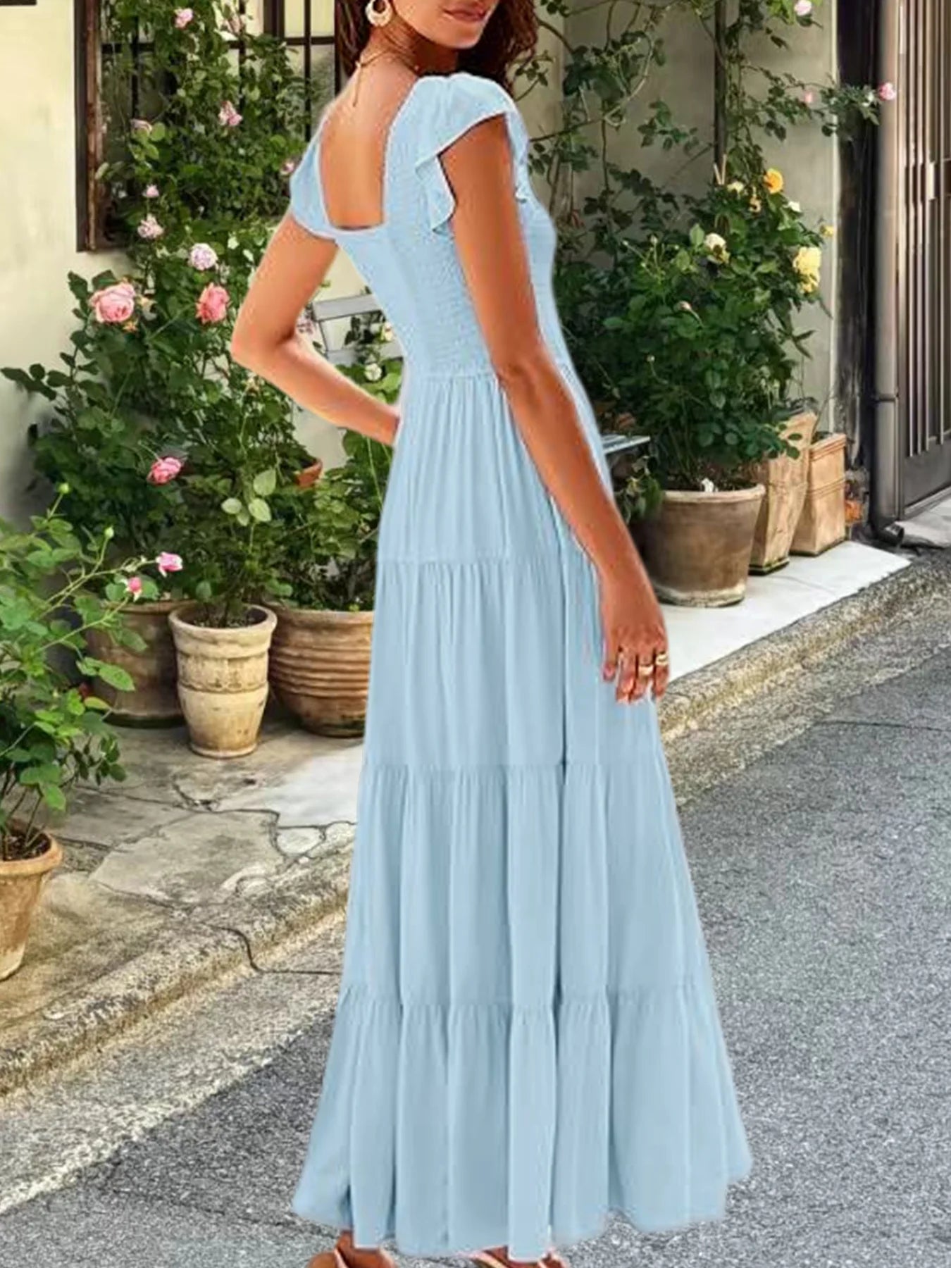 Ruched V-Neck Tiered Maxi Dress: Flutter Butterfly Sleeve Summer Gown