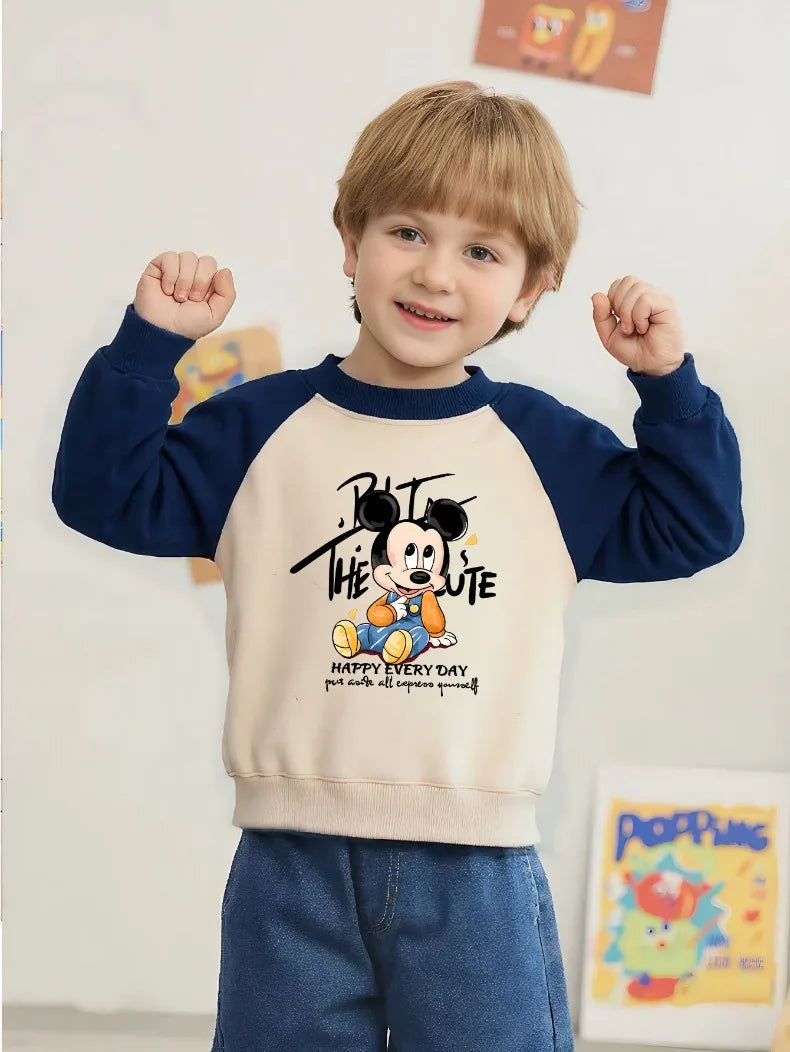 Mickey Printed Spring Autumn New Children Sweatshirts Kids Fashion O Neck Hoodies Baby Boys Spliced Long Sleeved Casual Pullover