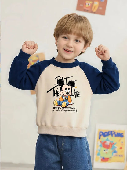 Mickey Printed Spring Autumn New Children Sweatshirts Kids Fashion O Neck Hoodies Baby Boys Spliced Long Sleeved Casual Pullover