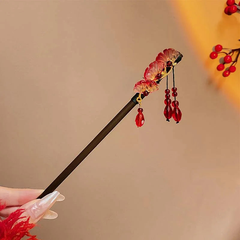 Retro Red Flower Hair Stick.