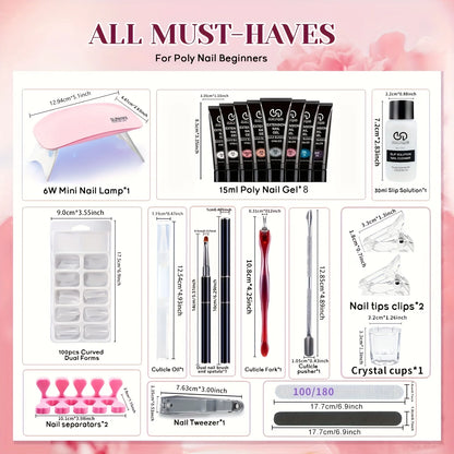 Poly Gel Nail Kit 8 Colors with Nail Lamp Extension Gel Kit Nude Clear Pink Black Glitter Complete Starter Tools for Beginner