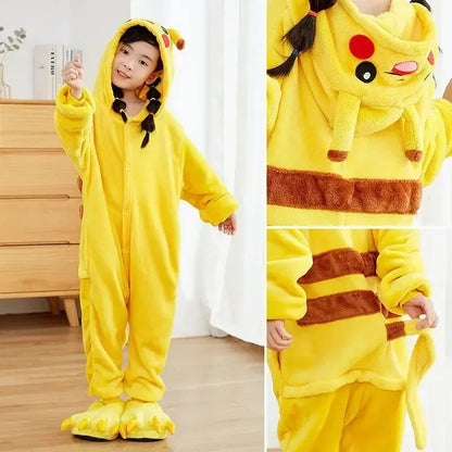 Pokemon Pikachu Warm Flannel Homewear Kids Autumn&Winter Soft Onesie Cosplay Animal Hoodie Pajamas Parent-Child Girls Sleepwear