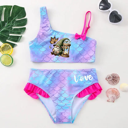 Girls' "Nature Love" Bikini Set: Mermaid Scale Pattern with Chibi Fox & Asymmetric Ruffles