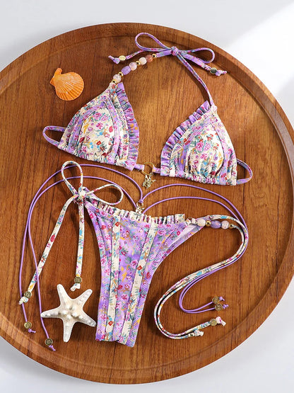 ZRTAK Triangle Bikini Set Sexy Swimwear Women 2026 Bikinis Floral Print Swimsuit Micro Thong Bandage Bathing Suits
