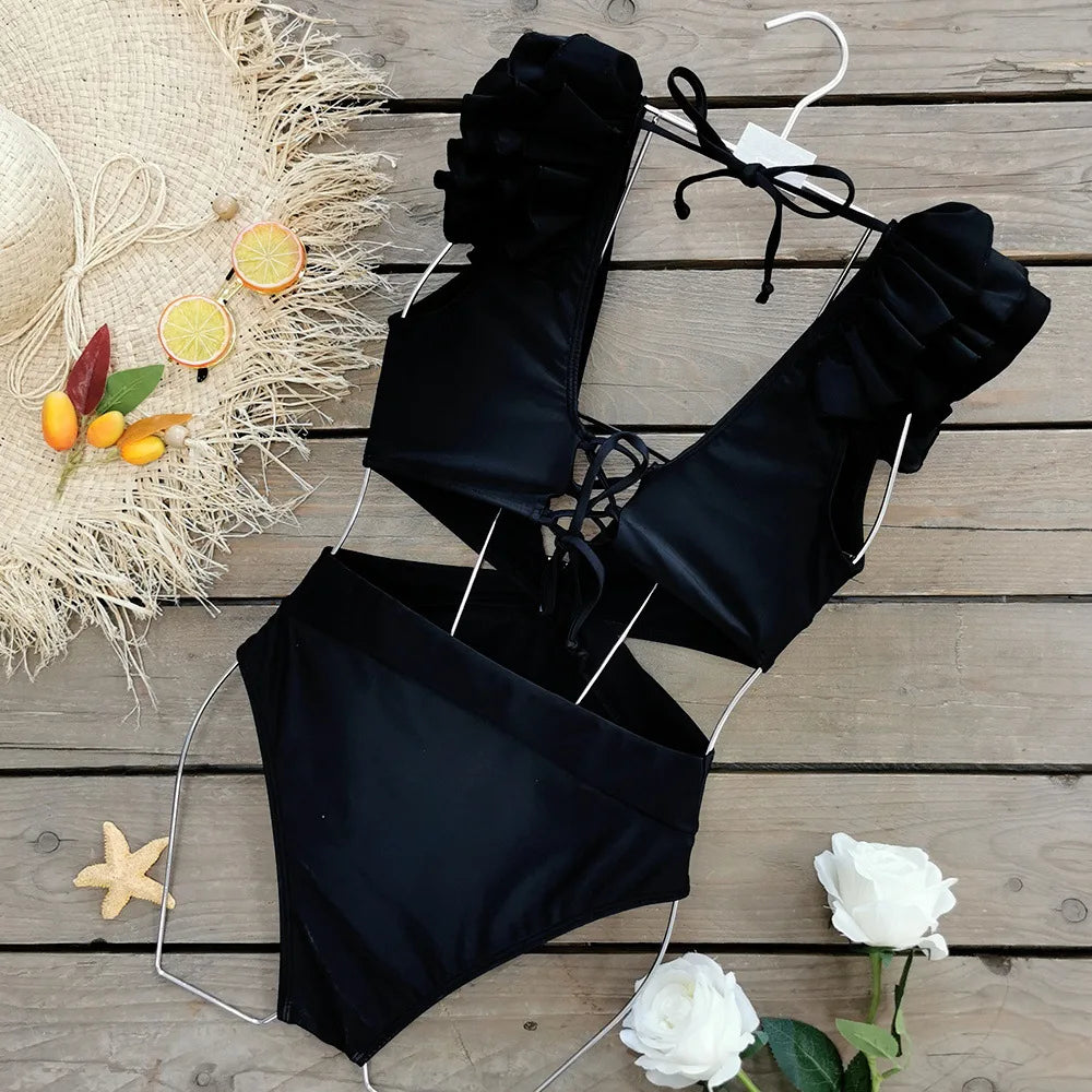 2024 Sexy Women's Swimsuit with Skirt One-Piece Swimwear Vintage Ruffle V Neck Cover Up Bikinis Set Beachwear Bathing Suit