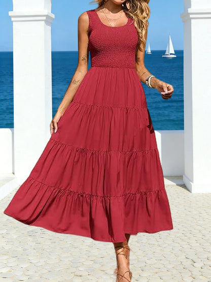 Tiered Smocked Maxi Dress: Sleeveless Pleated A-Line Summer Gown