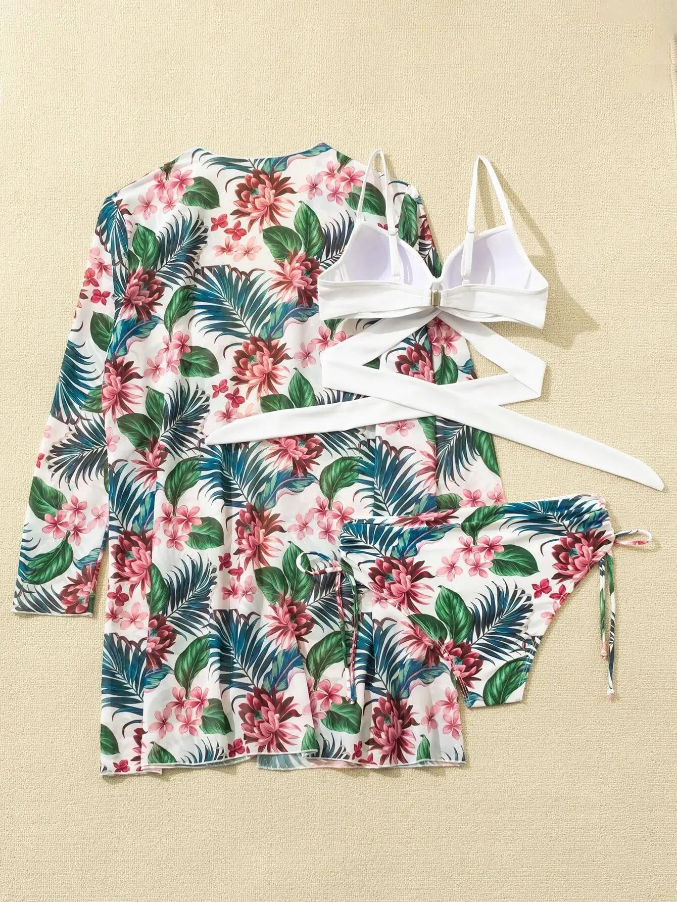 Three Pieces Bikini Set Cover Up Women 2023 New Push Up Twist Swimsuit Print Long Sleeve Swimwear Biquini Bathing Suit Summer