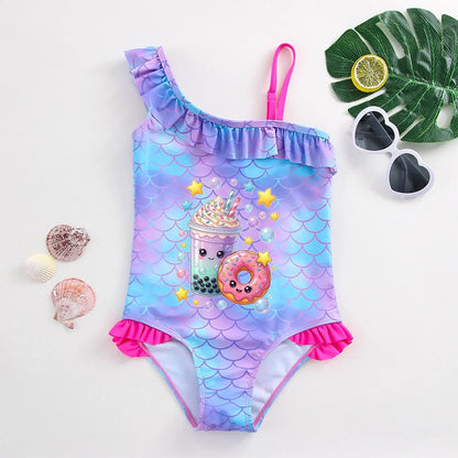 Girls' "Mermaid Heart" One-Piece Swimsuit: Colorful Scale Pattern with Asymmetric Ruffles