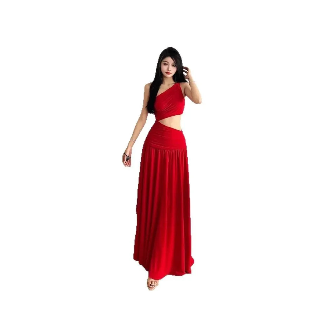 Original Quality French Style White Sleeveless Asymmetrical Shoulder Summer Long Dress Women's Holiday Feelings Skirt