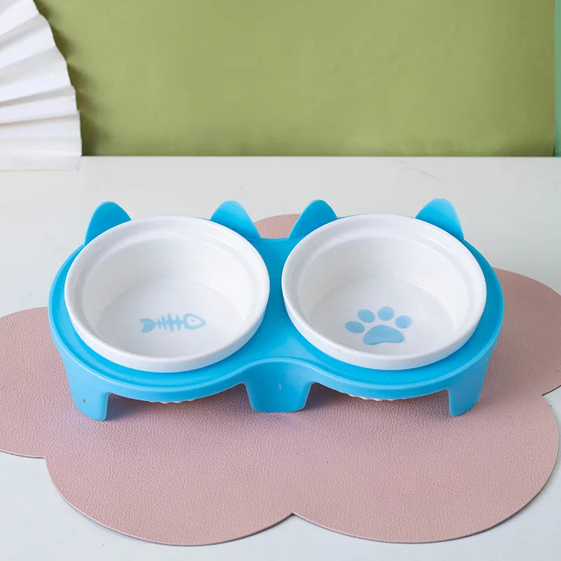 Cat bowl ceramic, cat food bowl double bowl drinking water, dog basin, pet oblique mouth to protect the cervical vertebrae