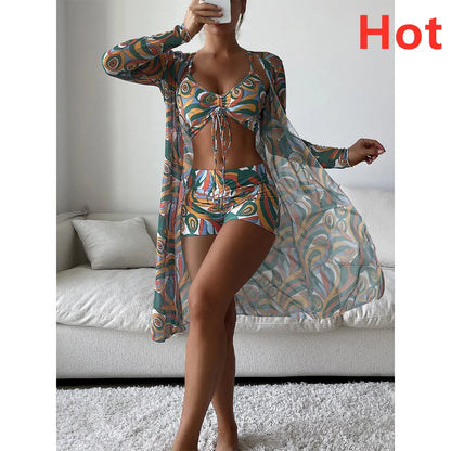 Three Pieces Bikini Set Cover Up Women 2023 New Push Up Twist Swimsuit Print Long Sleeve Swimwear Biquini Bathing Suit Summer