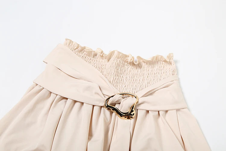Nibber Solid Ruched Elegant 2 Piece Set Women Skew Collar Backless Crop Tops+Metal Buckle Decoration Skirts Matching Outfits