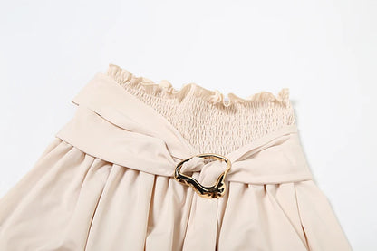 Nibber Solid Ruched Elegant 2 Piece Set Women Skew Collar Backless Crop Tops+Metal Buckle Decoration Skirts Matching Outfits