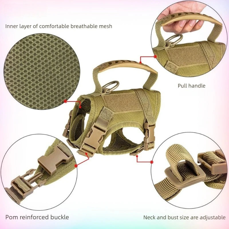 Tactical Cat Harness and Leash Set for Walking Escape Proof Adjustable Cat Vest Harness with Soft Mesh Padding Rubber Handle