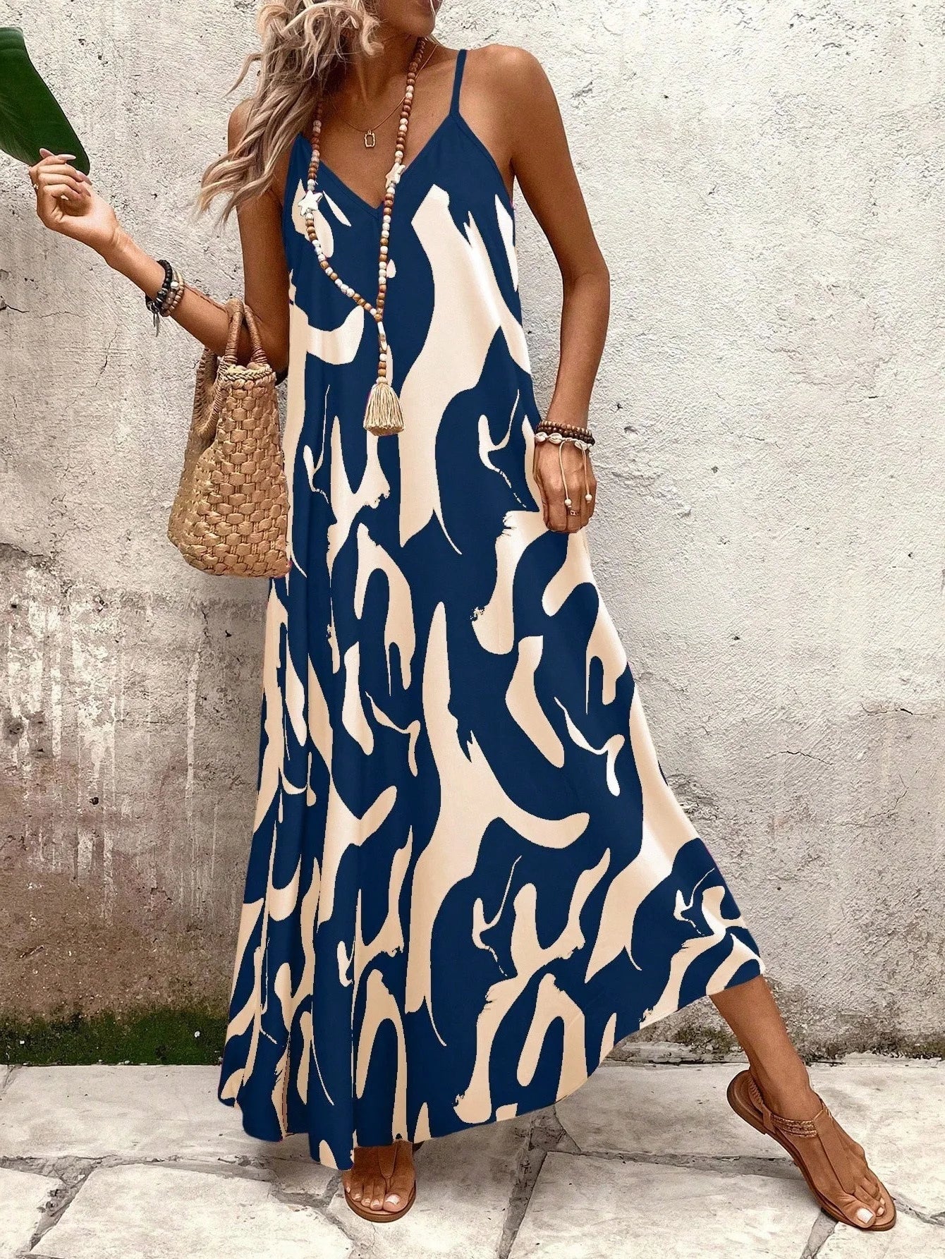 Summer 2026 Women's Fashion Slim Fit Floral Print V-Neck Loose Holiday Style Dress Knitted Fabric A- Line Skirt Casual Wear