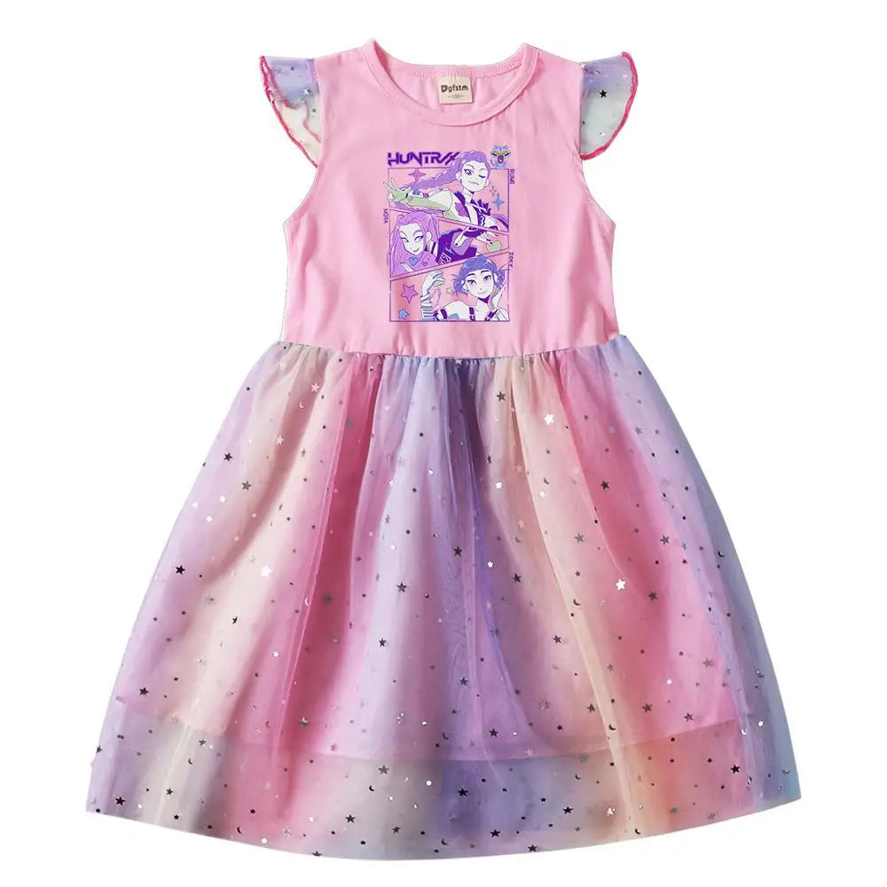Girls' K-Pop Hunters "Chibi Rainbow" Princess Dress: Flying Sleeve Tutu with Star Sequins