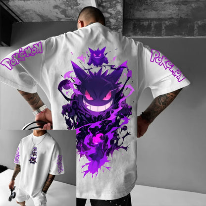Pokémon Animation Derivatives Gengar Printing T-shirt Men's and Women's Summer Oversize Loose Cotton Street Trend Brand Top
