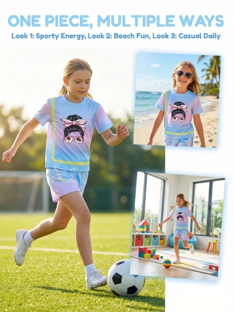 Girls' Sunset Beach 2-Piece Summer Set: Tie-Dye Mesh Tee & Shorts Sport Outfit