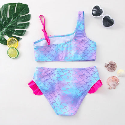 Girls' "Nature Love" Bikini Set: Mermaid Scale Pattern with Chibi Fox & Asymmetric Ruffles