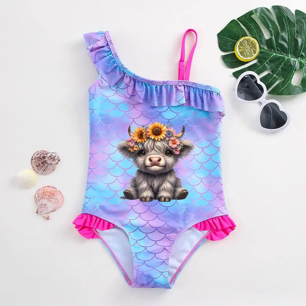 Girls' "Mermaid Heart" One-Piece Swimsuit: Colorful Scale Pattern with Asymmetric Ruffles
