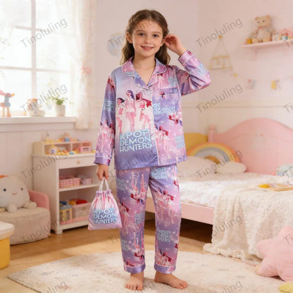 Kids' K-Pop Demon Hunters Satin Pajama Set: Long Sleeve Luxury Sleepwear