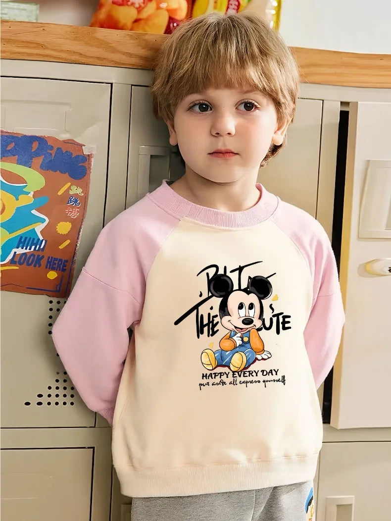 Mickey Printed Spring Autumn New Children Sweatshirts Kids Fashion O Neck Hoodies Baby Boys Spliced Long Sleeved Casual Pullover