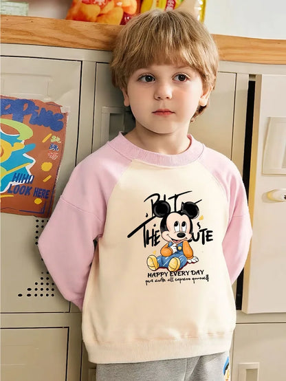 Mickey Printed Spring Autumn New Children Sweatshirts Kids Fashion O Neck Hoodies Baby Boys Spliced Long Sleeved Casual Pullover