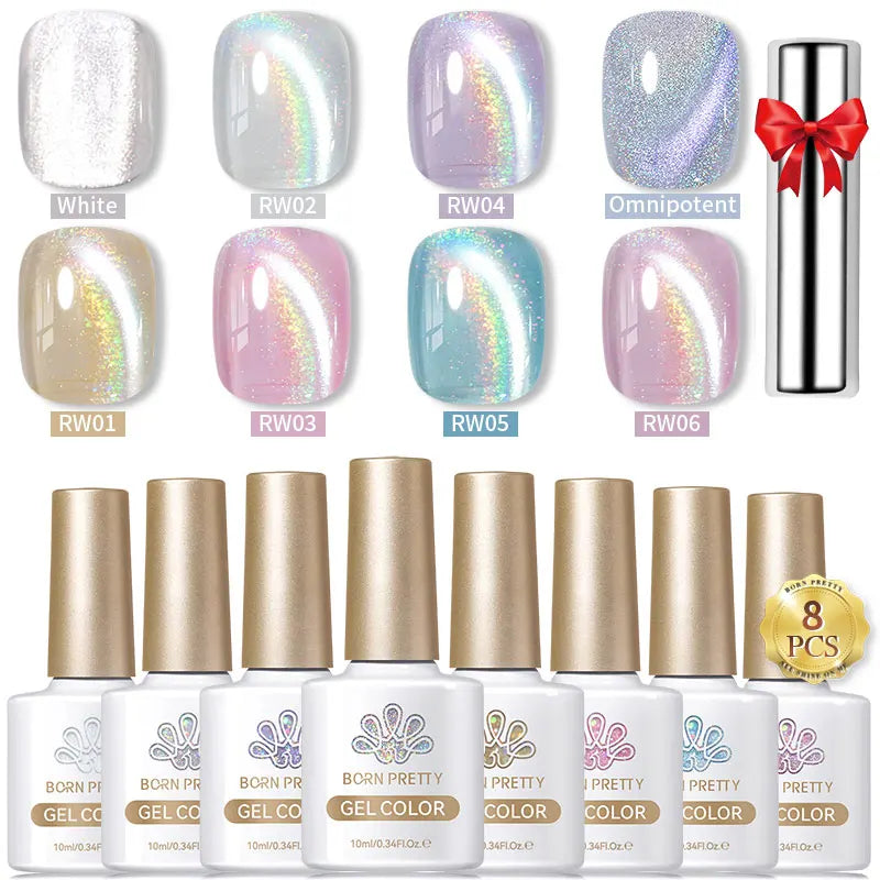 BORN PRETTY 8Pcs Glitter Cat Magnetic Nail Gel Polish Set Moonlight Transparent Summer Semi Permanent UV Gel Soak Off Nail Gel