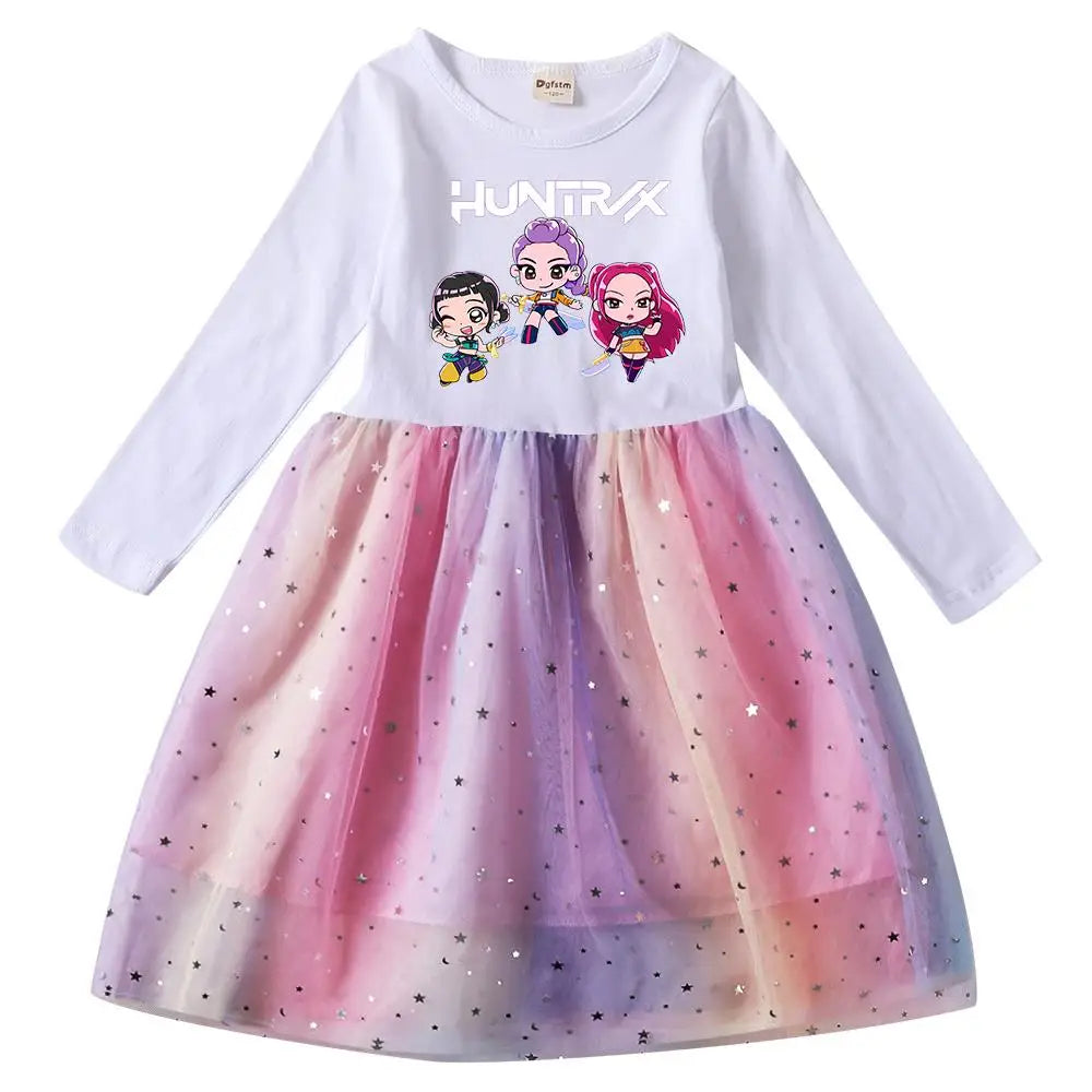 Girls' K-Pop Demon Hunters "Star Sparkle" Long Sleeve Tutu Dress: Rainbow Tulle Princess Gown