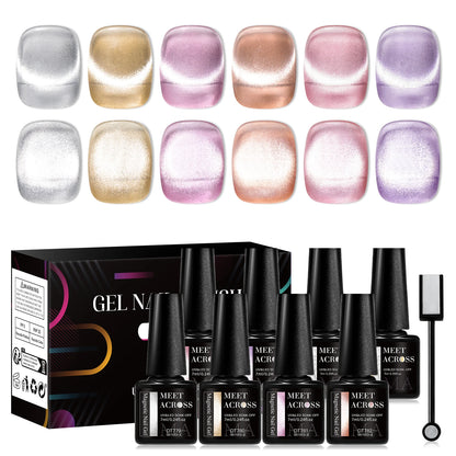 MEET ACROSS 6PCS/SET Cat Magnetic Gel Polish With Magnetic Stick And Box For Nails Semi Permanent Nail Art Gel Varnish Manicure