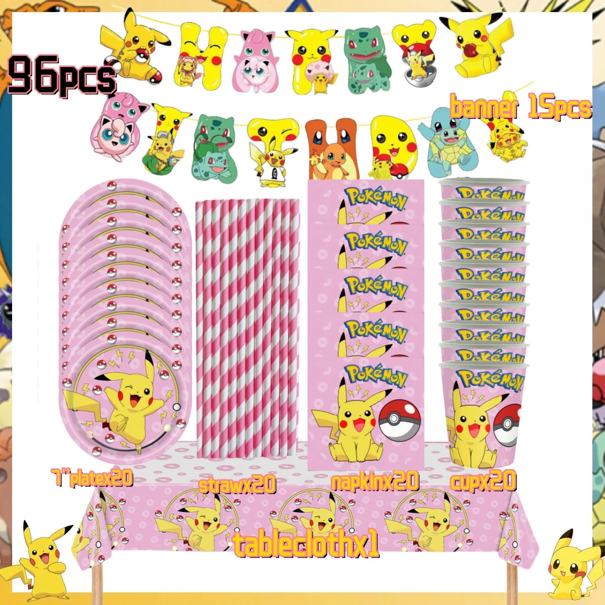 Pink Pokemon Birthday Party Decoration Disposable Tableware Set Pikachu Tablecloth Cup Plate Baby Shower Kids Diy Party Supplies