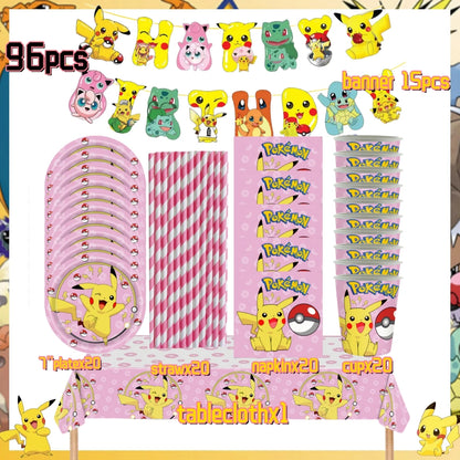Pink Pokemon Birthday Party Decoration Disposable Tableware Set Pikachu Tablecloth Cup Plate Baby Shower Kids Diy Party Supplies