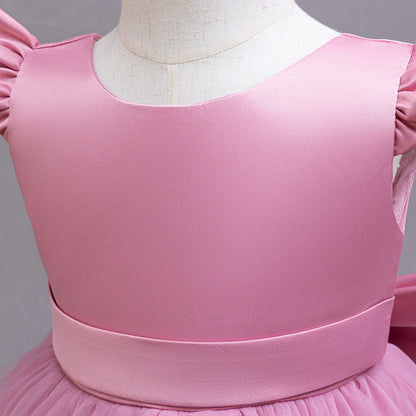 Girls' K-Pop "Pearl Essence" Gala Gown: Pink Tulle Tutu Dress with XL Back Bow & Beading