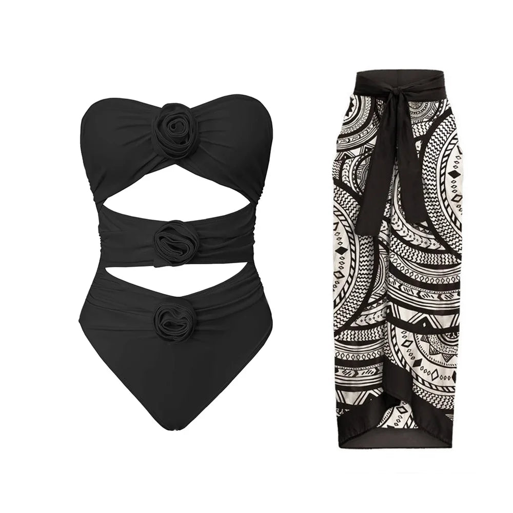 2024 Sexy Women's Swimsuit with Skirt One-Piece Swimwear Vintage Ruffle V Neck Cover Up Bikinis Set Beachwear Bathing Suit