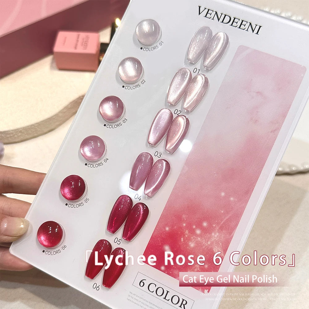 Vendeeni 6 Colors Crystal Cat Eye Gel Nail Polish Set Semi Permanent Sparkling Magnetic UV LED Soak Off Gel Varnish With Display