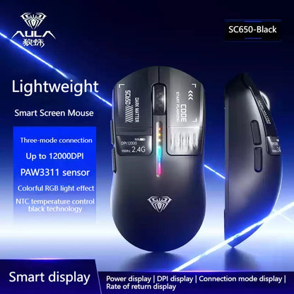 AULA SC650 Tri-Mode Wireless Gaming Mouse PAW3311 RGB Lightweight Digital Display Screen Custom PC E-Sports Accessory Gift