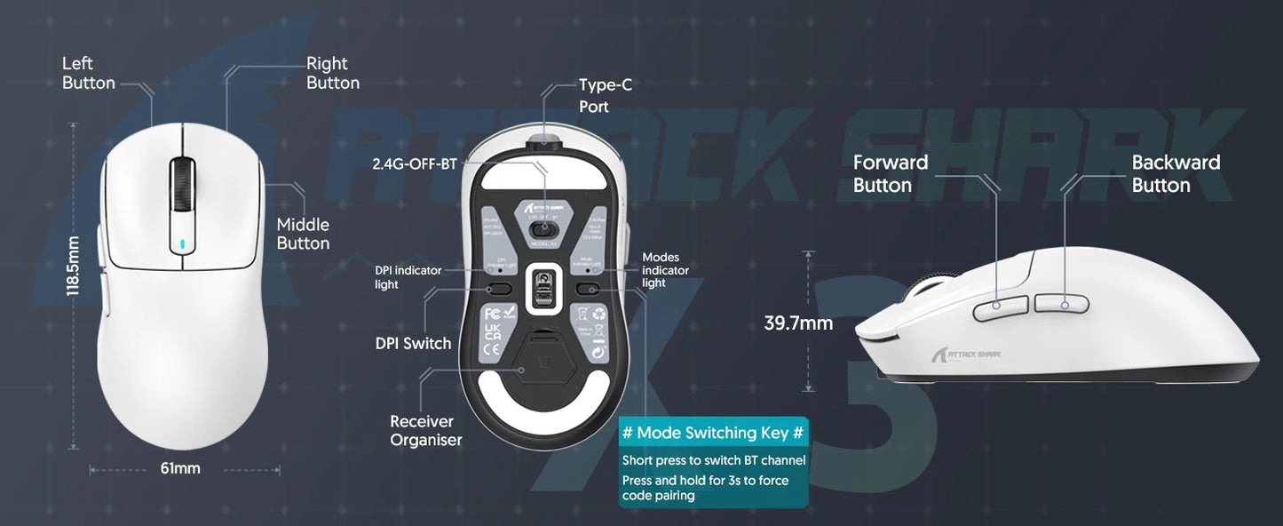 ATTACK SHARK X3 Lightweight Wireless Gaming Mouse, 49g Tri-Mode,PAW3395 26K DPI Sensor, 200h Battery Life,5 Programmable Buttons