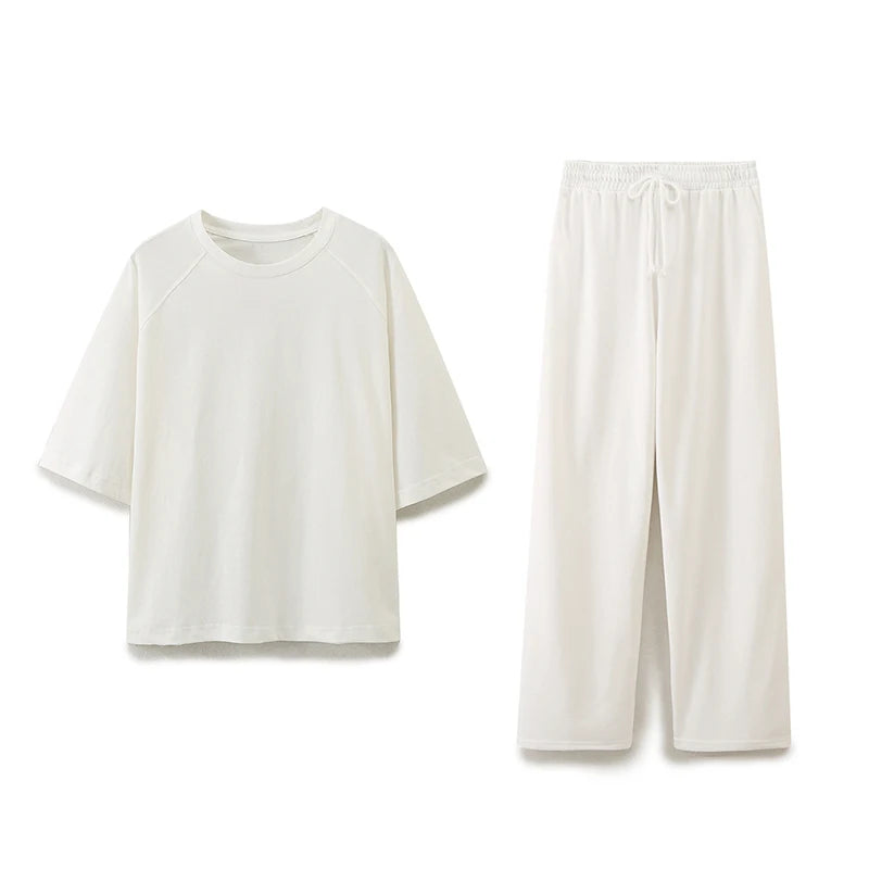 Willshela Women Fashion 2 Piece Set Solid T-Shirts & Vintage High Elastic Waist Trousers Feamle Chic Lady Pants Sets