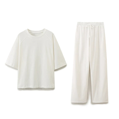 Willshela Women Fashion 2 Piece Set Solid T-Shirts & Vintage High Elastic Waist Trousers Feamle Chic Lady Pants Sets