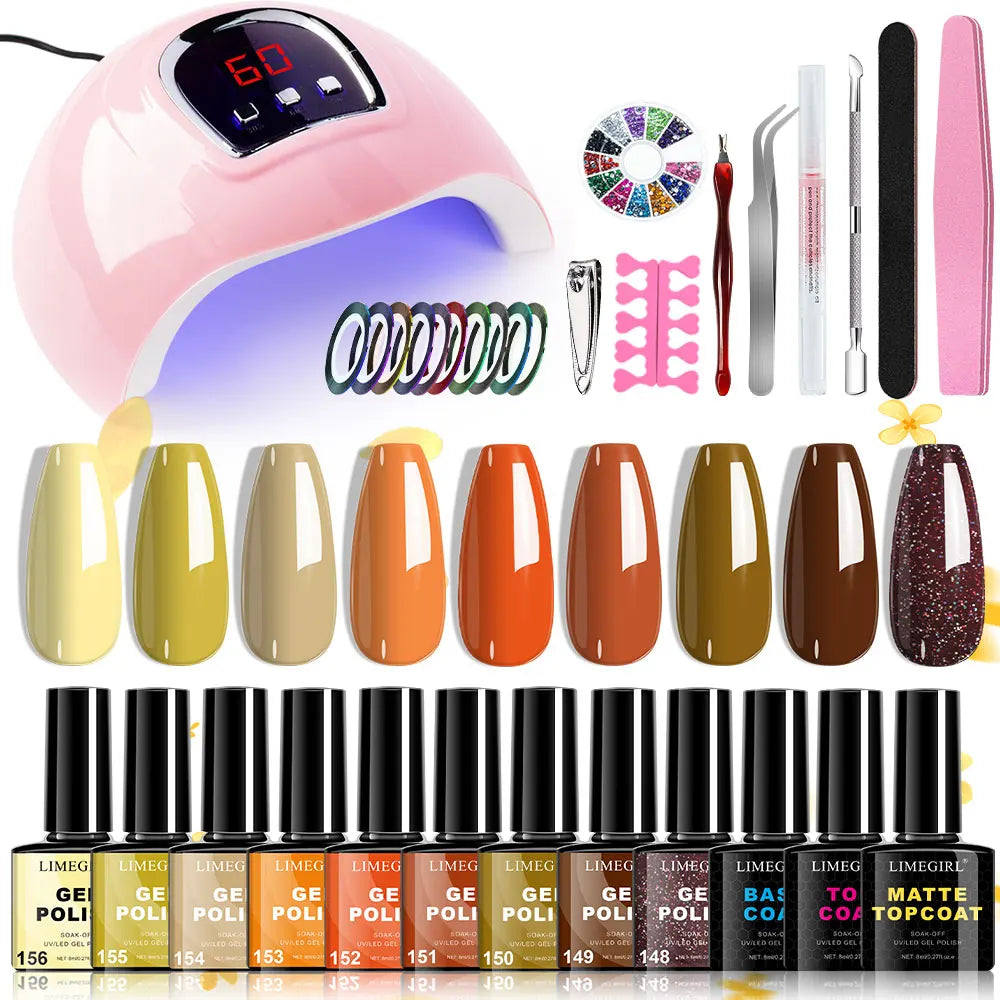 Limegirl Gel Nail Kit with Nail Lamp, 8ml Morandi Set, Base/Top/Matte, 30 Days Wear, UV/LED for Home & Salon