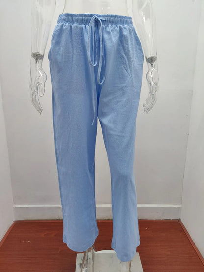 Loose Linen-Blend Wide Leg Casual Pants: Breathable Drawstring Summer Trousers