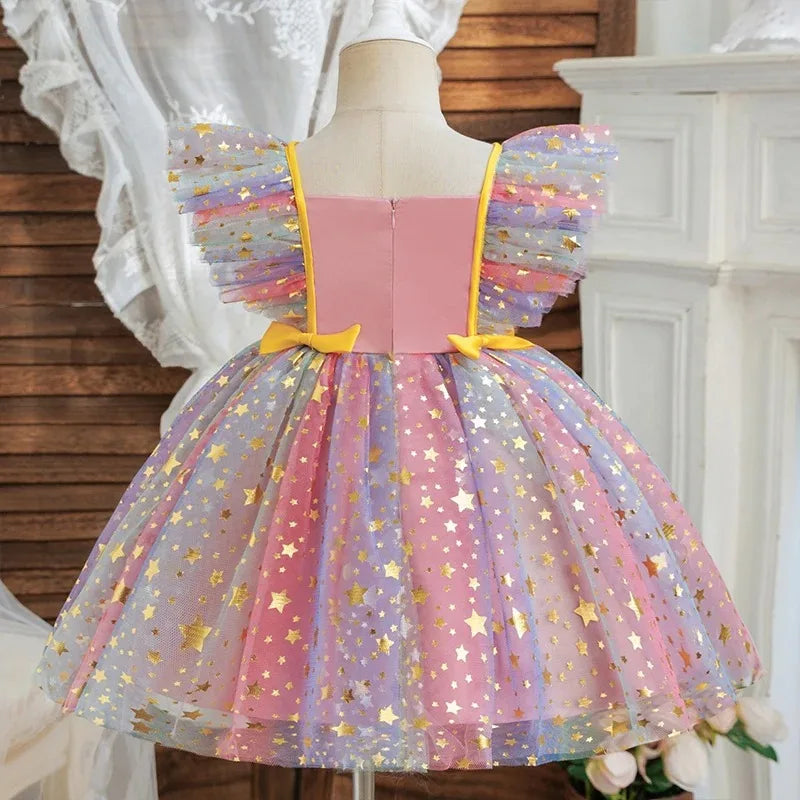 Girls' K-Pop "Starry Gala" Tutu Dress: Rainbow Tulle Gown with Gold Sequins & Ruffle Sleeves