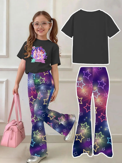 Girls' 2026 Concert Edition 2-Piece Set: Black Idol Graphic Tee & Neon Star Flared Pants