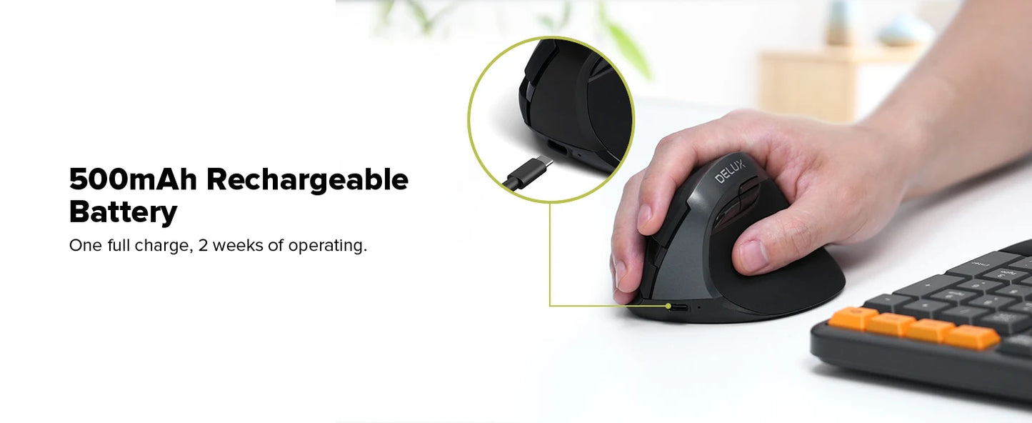 Delux M618 Mini Ergonomic Mouse Gaming Wireless Vertical Mouse Bluetooth 2.4GHz Rechargeable 4000dpi Silent Mice for Office