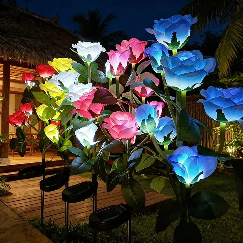 Simulation 5 Heads Rose Lamp Solar LED Lawn Lamp Decor Garden Wedding Parterre Party Camping Outdoor Yard Patio Ground Lights