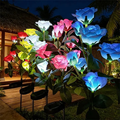 Simulation 5 Heads Rose Lamp Solar LED Lawn Lamp Decor Garden Wedding Parterre Party Camping Outdoor Yard Patio Ground Lights