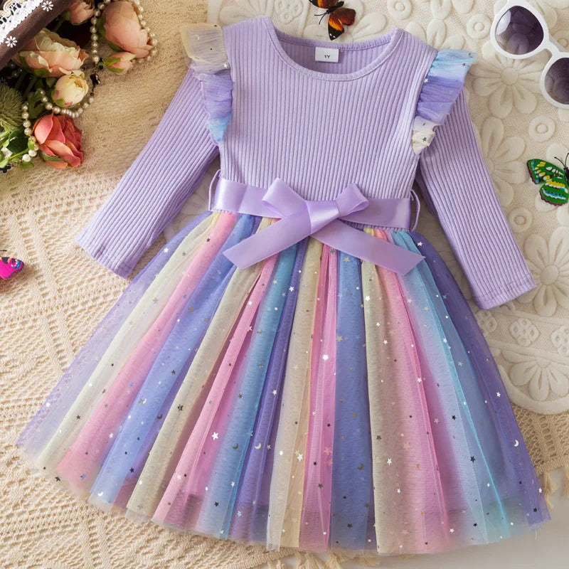 My Little Ponys Colorful Princess Dress for Kids Girls Casual Long Sleeve Sequin Mesh Dresses Party Gift 1-5Y