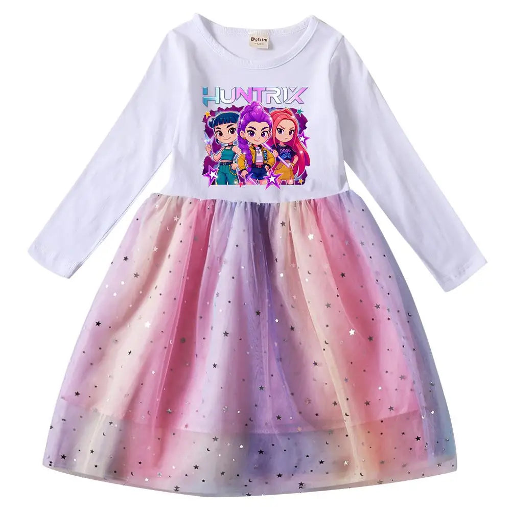 Girls' K-Pop Demon Hunters "Star Sparkle" Long Sleeve Tutu Dress: Rainbow Tulle Princess Gown